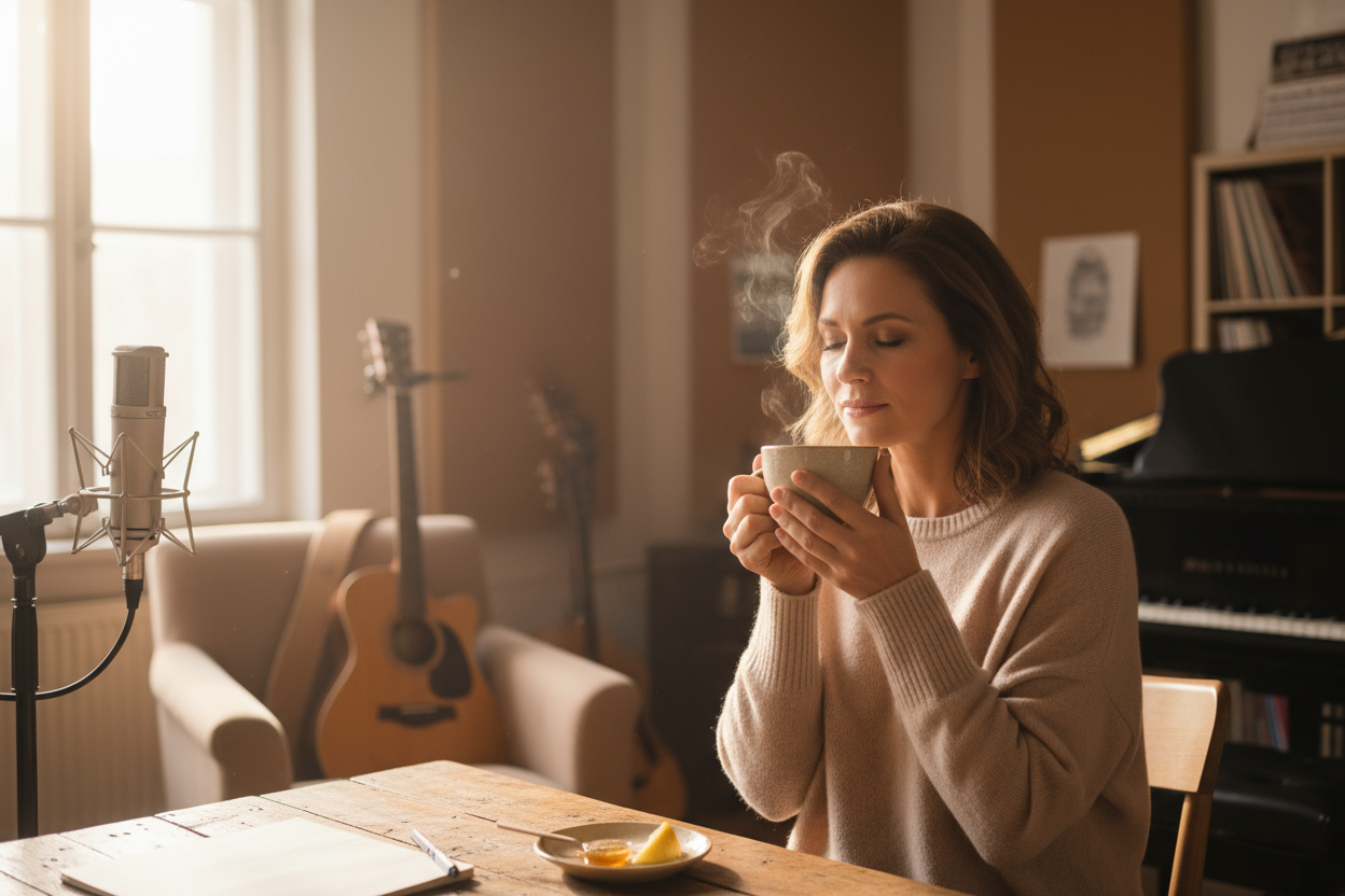 喉ケアをしているシンガー